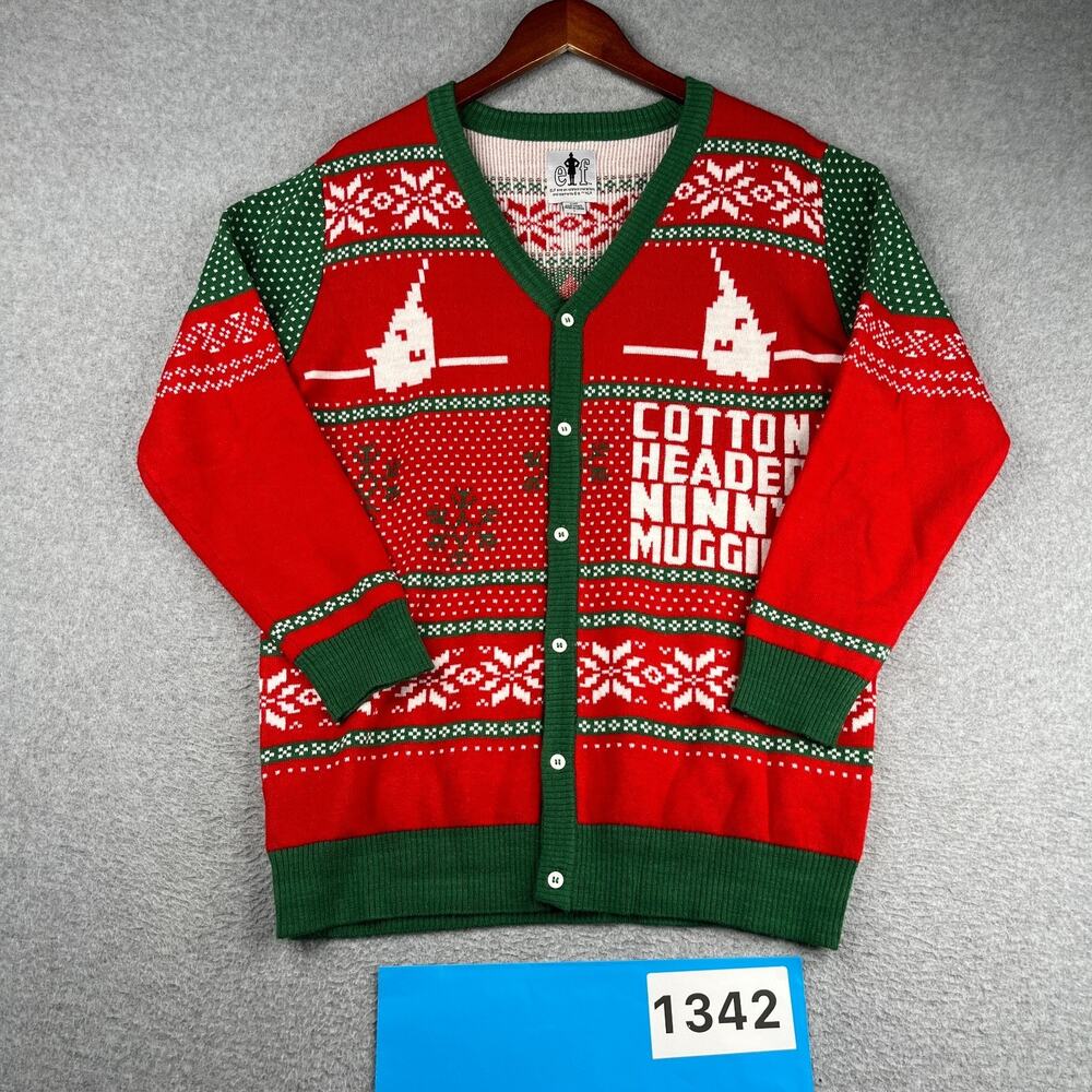 ELF Christmas Sweater Cardigan Long Sleeve Button Up Youth Large Log Sleeve